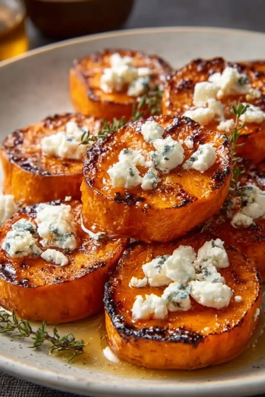 Rondelles de patate douce garnies de miel et feta, plat savoureux et coloré.