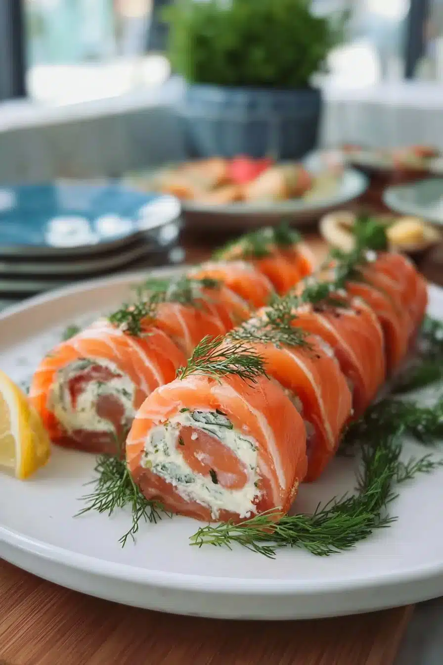 Roulé de saumon fumé savoureux avec une garniture élégante sur un plat.
