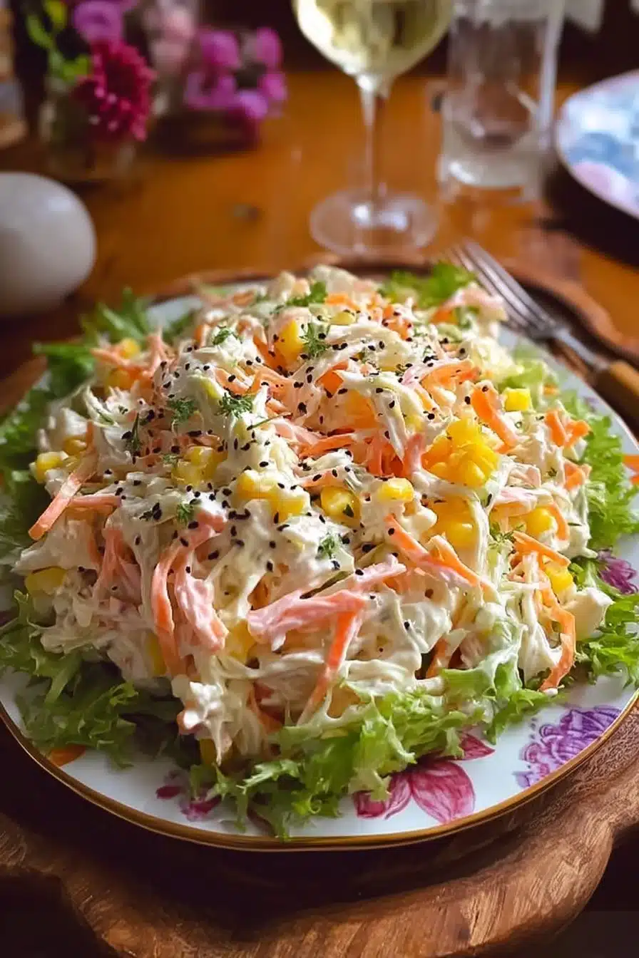 Salade crabe crémeuse servie dans un bol avec garnitures fraîches.