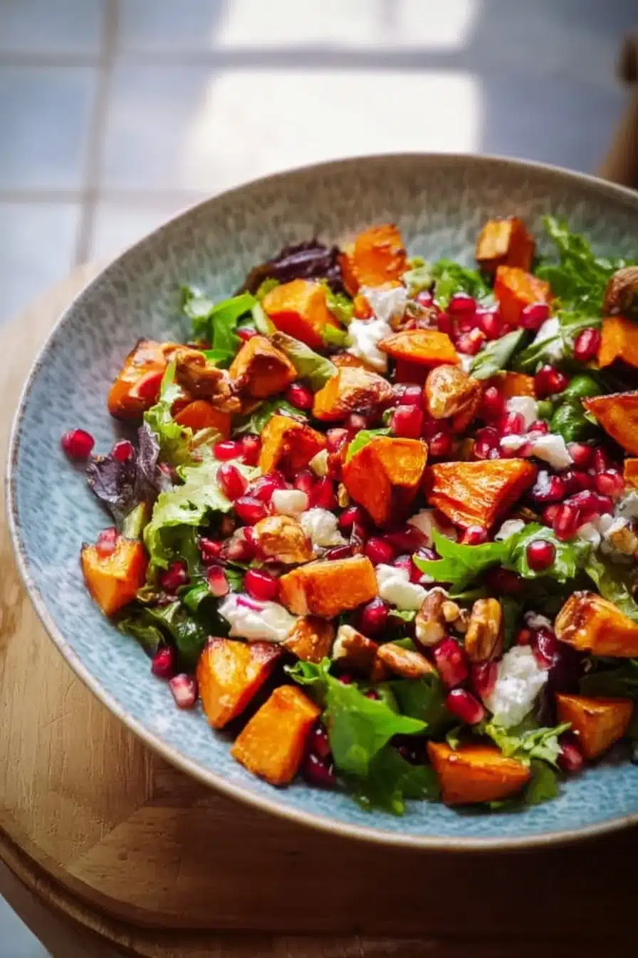 Salade d'automne avec patate douce, grenade, et légumes frais