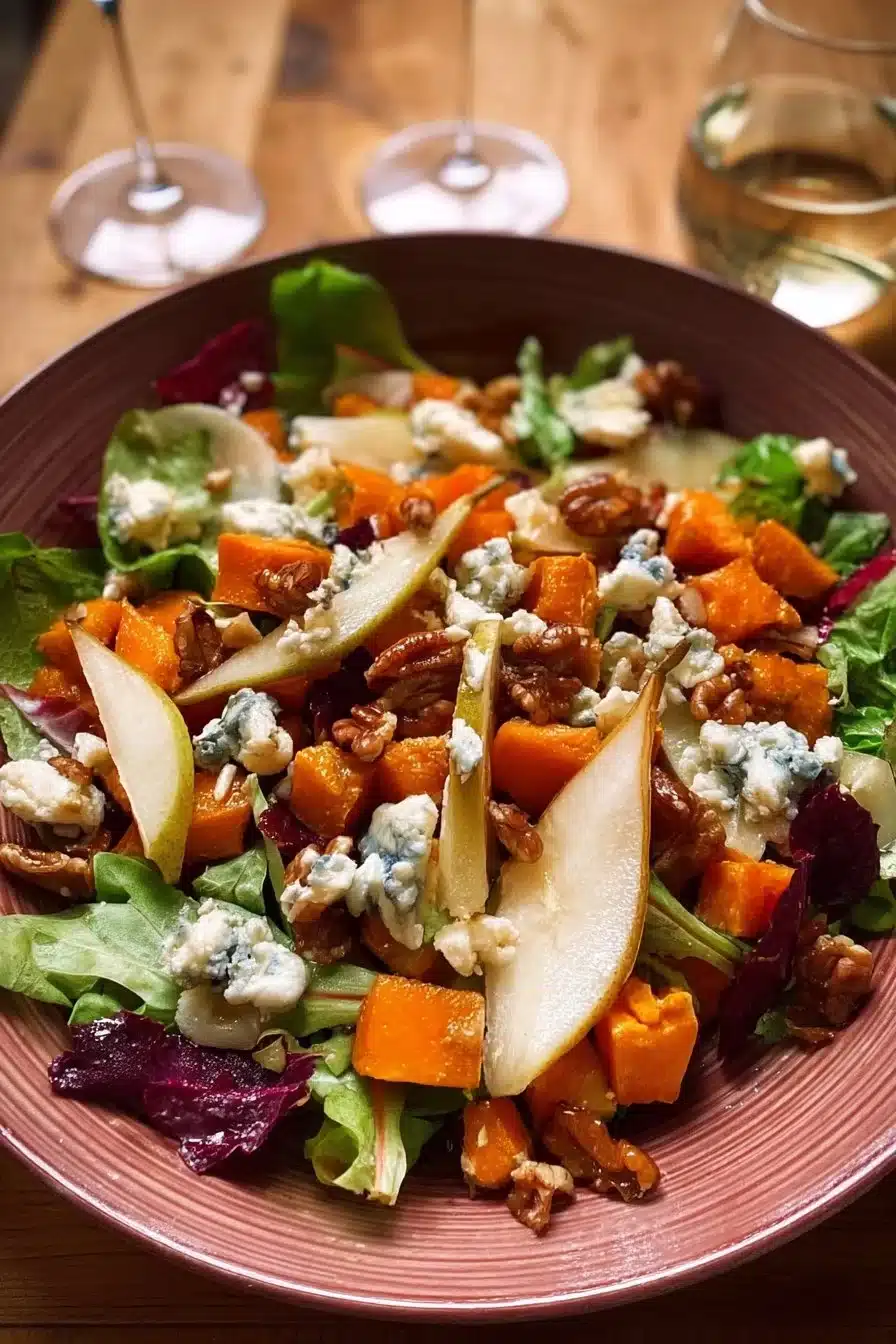 Salade d'automne avec patate douce, poire et fromage bleu