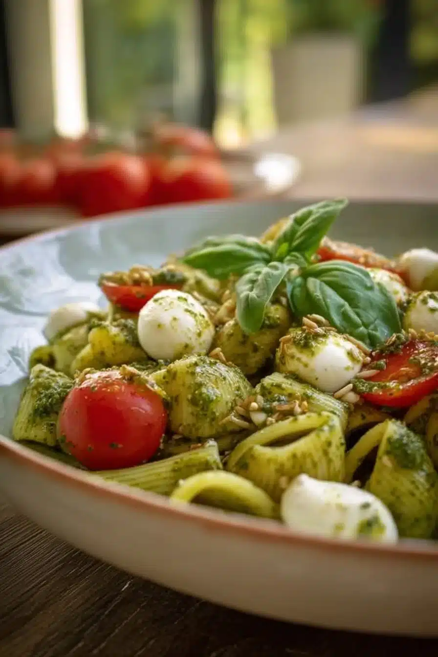 Salade de pâtes avec pesto et mozzarella dans un bol coloré