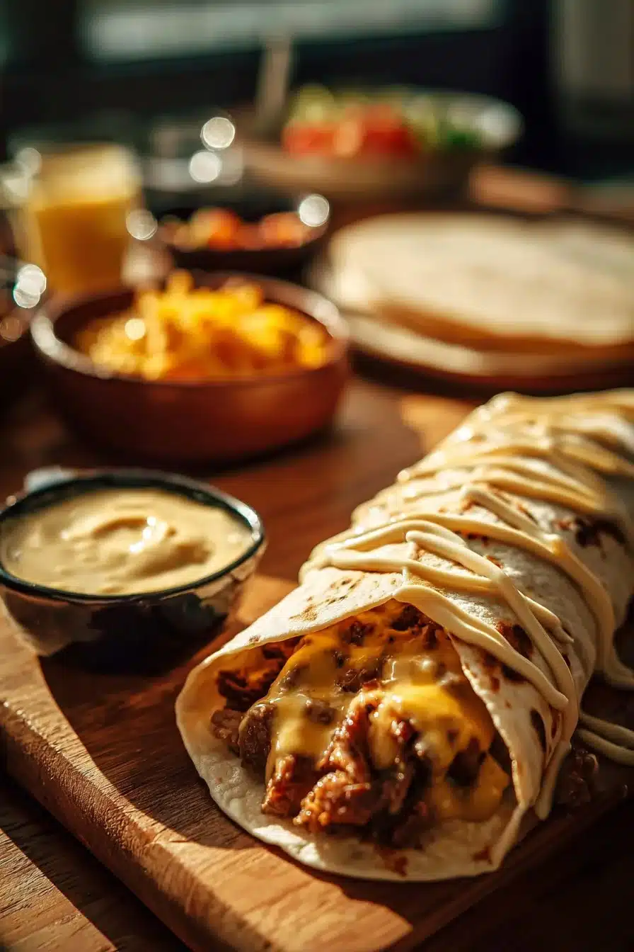 Sauce fromagère crémeuse servie avec des tacos