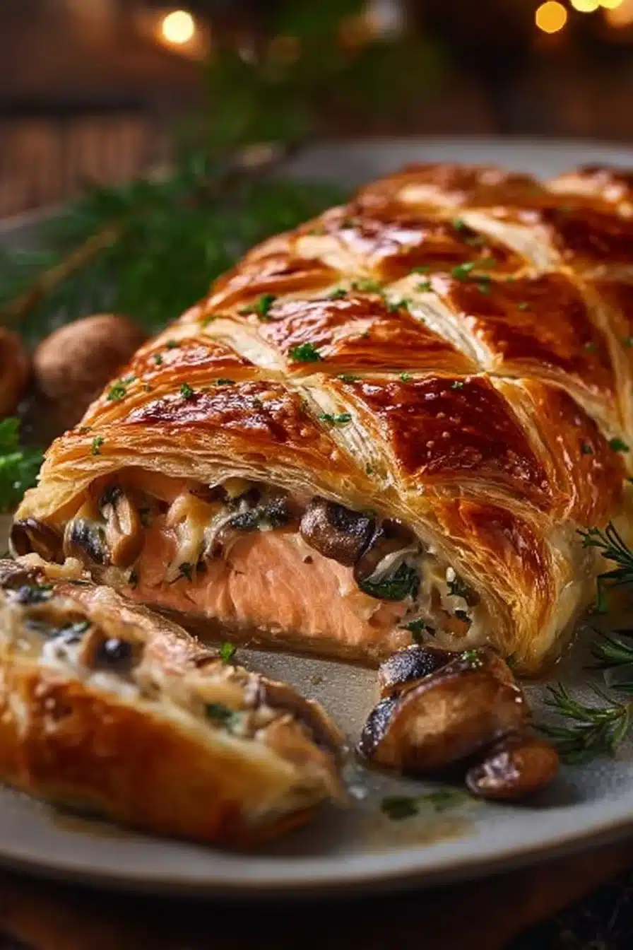 Saumon Wellington aux Herbes et Crème de Champignons, plat gourmet