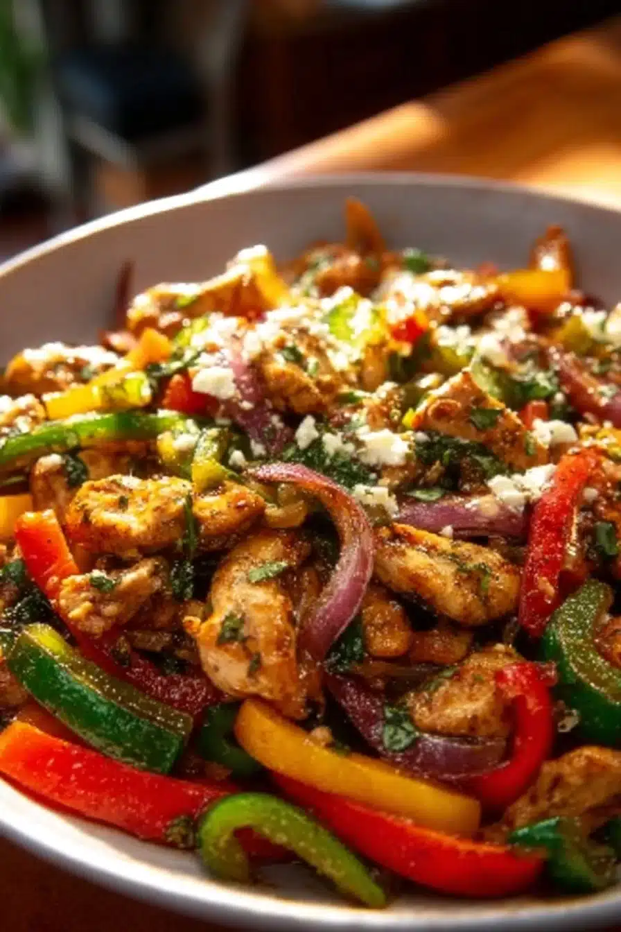 Recette de sauté de poulet méditerranéen avec légumes colorés et épices.