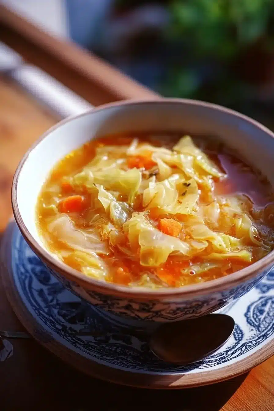 Soupe brûle-graisses au chou dans un bol, garnie d'herbes fraîches