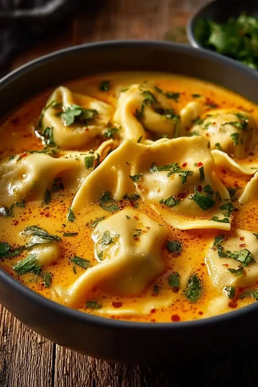 Soupe thaï réconfortante aux raviolis, un plat savoureux et épicé.