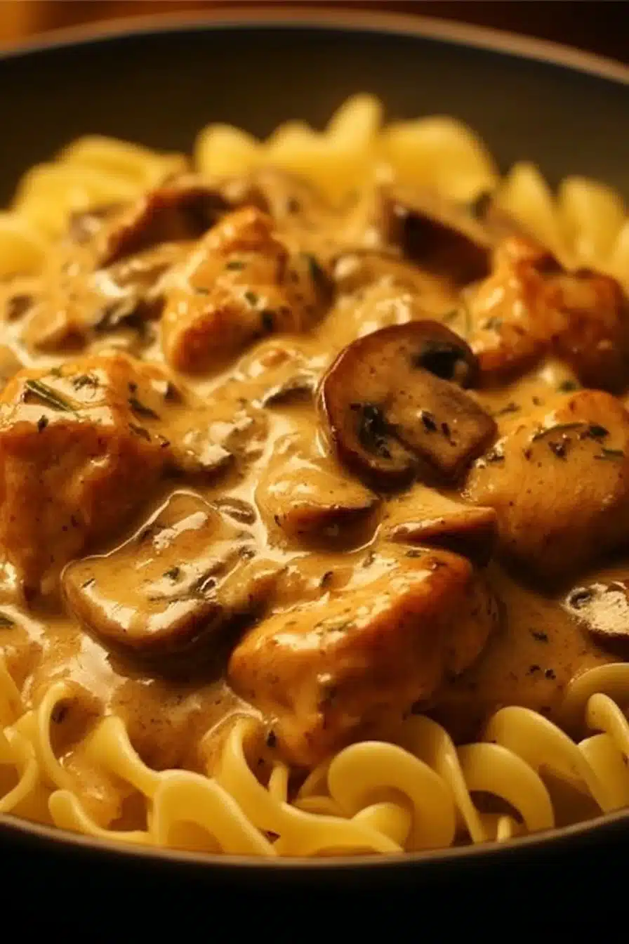 Plat de Stroganoff de poulet aux champignons, recette savoureuse et facile.