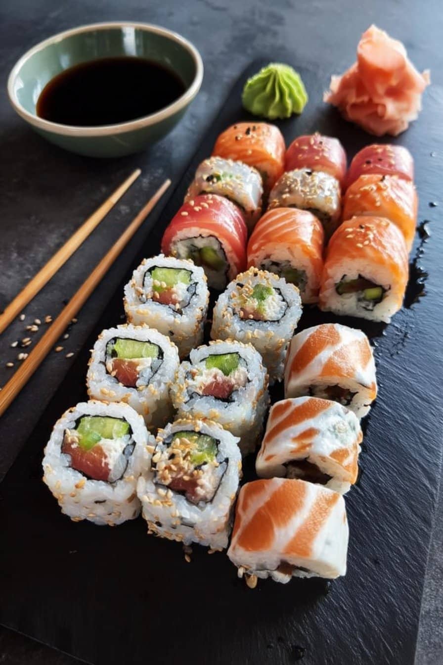 Assortiment de rouleaux de sushi frais élégamment disposés sur une ardoise noire avec de la sauce soja et du gingembre