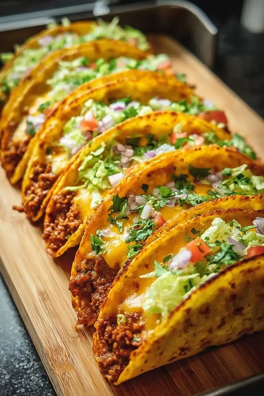 Tacos au fromage croustillants au four garnis de fromage fondu et d'épices.