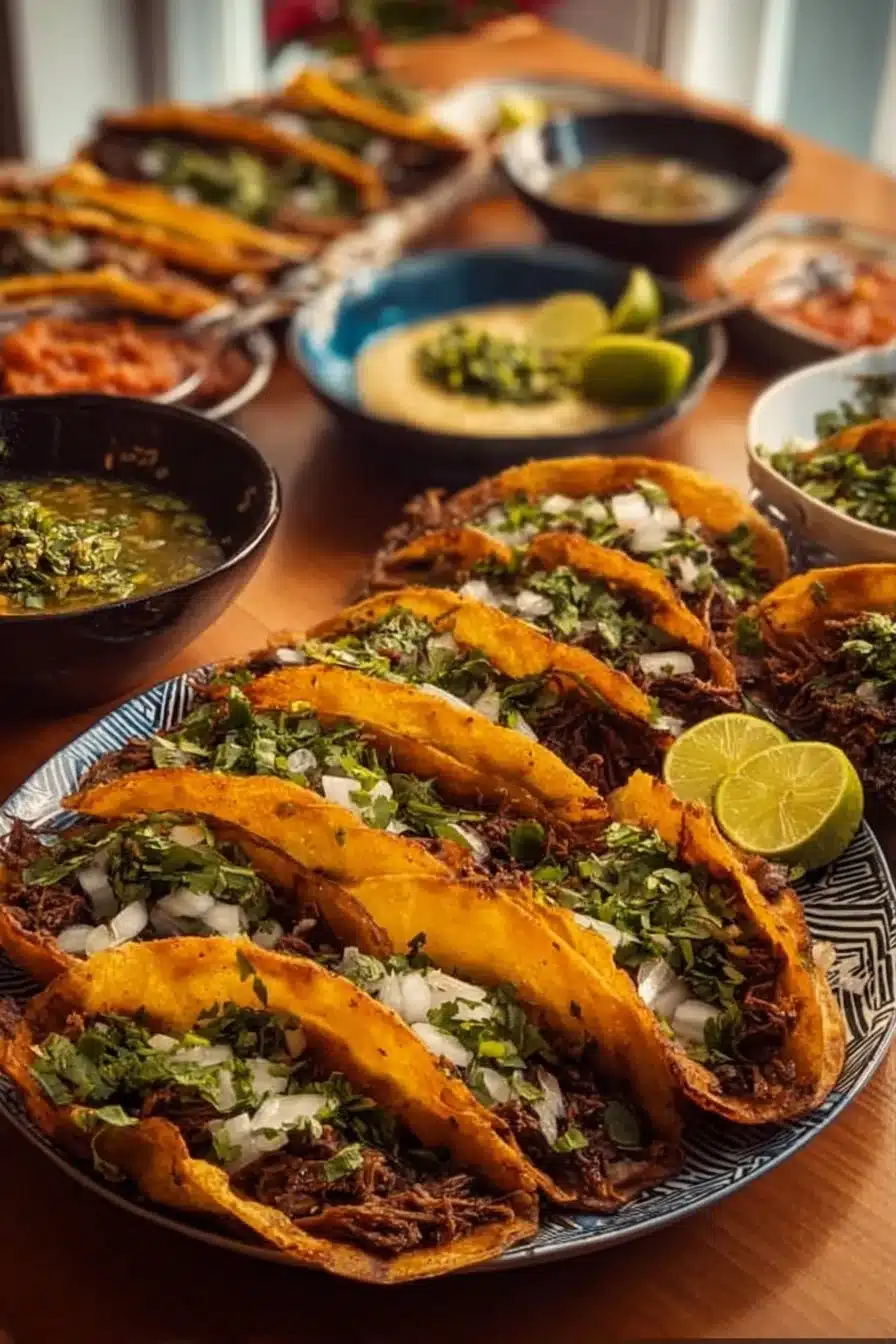 Tacos Birria fondants garnis de viande savoureuse et de sauces épicées.