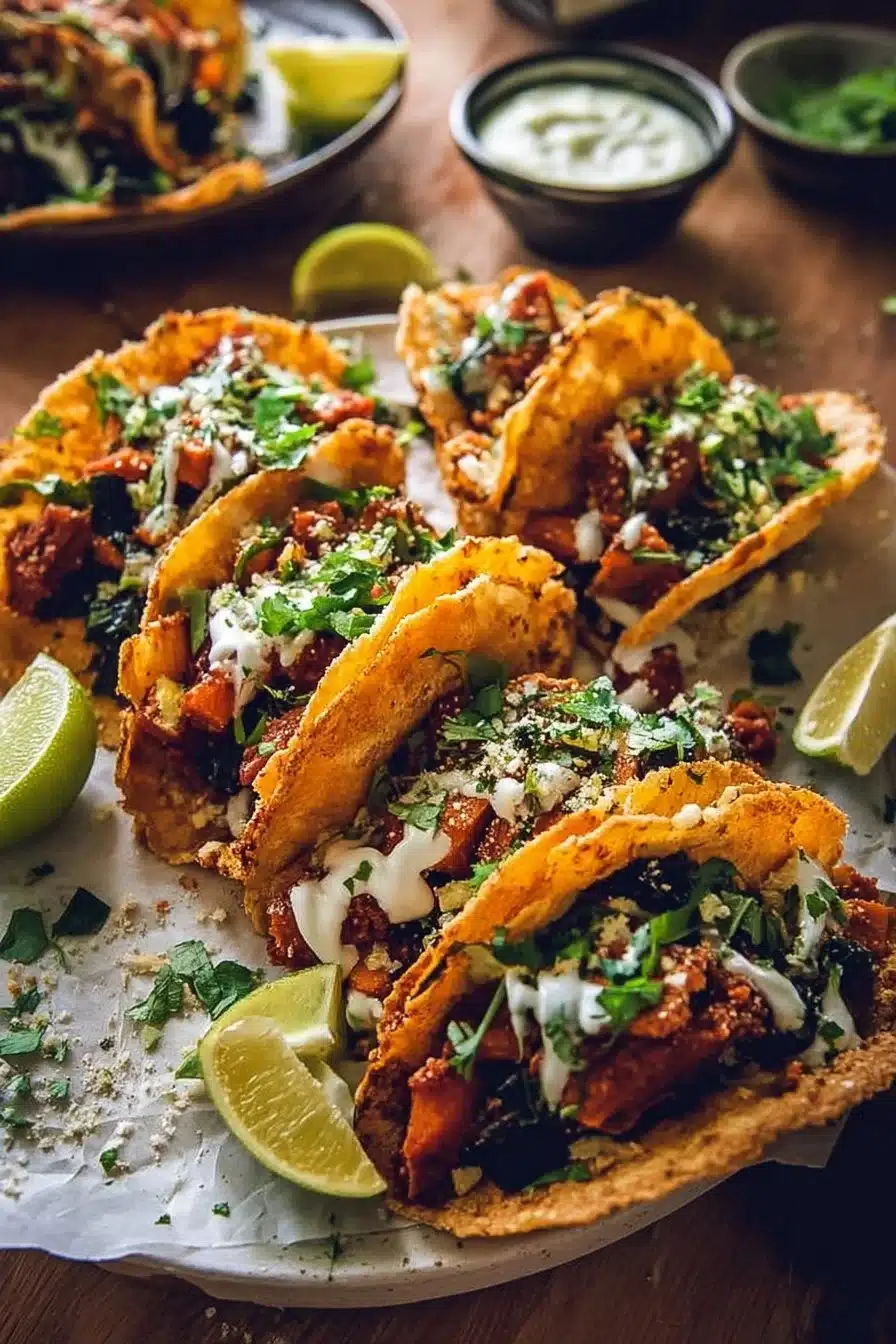 Tacos de Patates Douces Croustillantes servis sur une assiette colorée