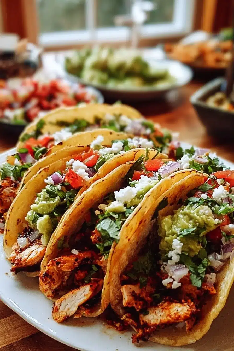 Tacos de poulet de rue garnis de légumes frais et de sauce piquante