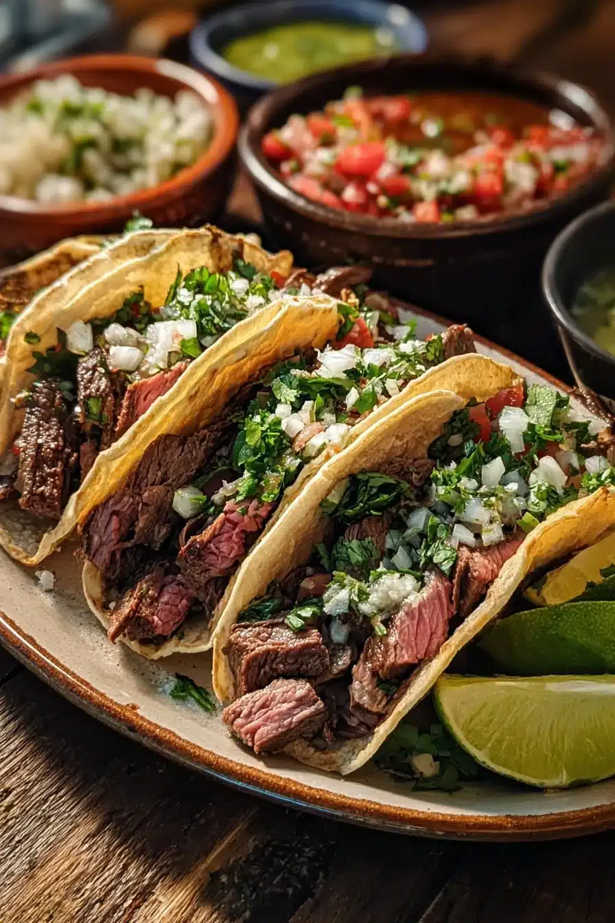 Tacos de steak savoureux garnis de légumes frais et de sauces délicieuses