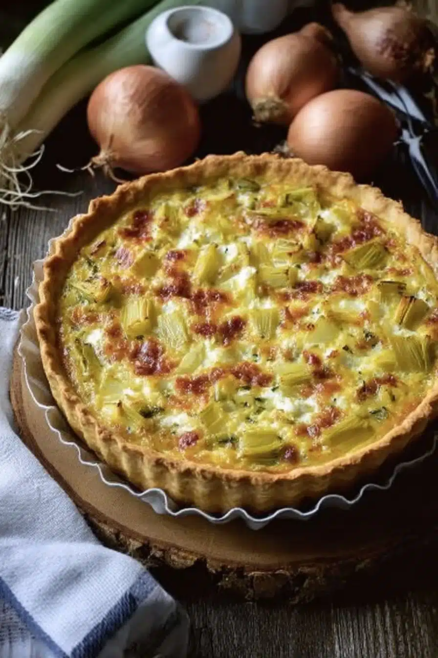 Tarte aux poireaux fraîchement cuite, garnie et appétissante.