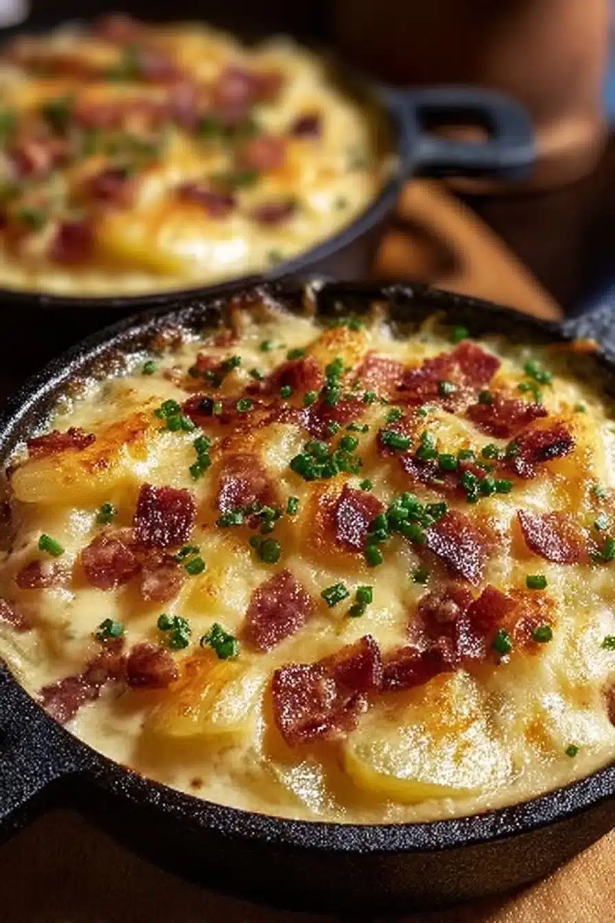 Tartiflette à la poêle avec fromage, pommes de terre et lardons