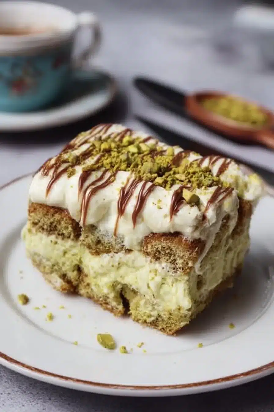 Tiramisu à la pistache, un délicieux dessert italien crémeux et gourmand.