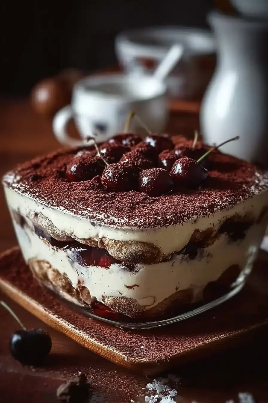 Tiramisu Forêt-Noire dessert avec café, chocolat et cerises