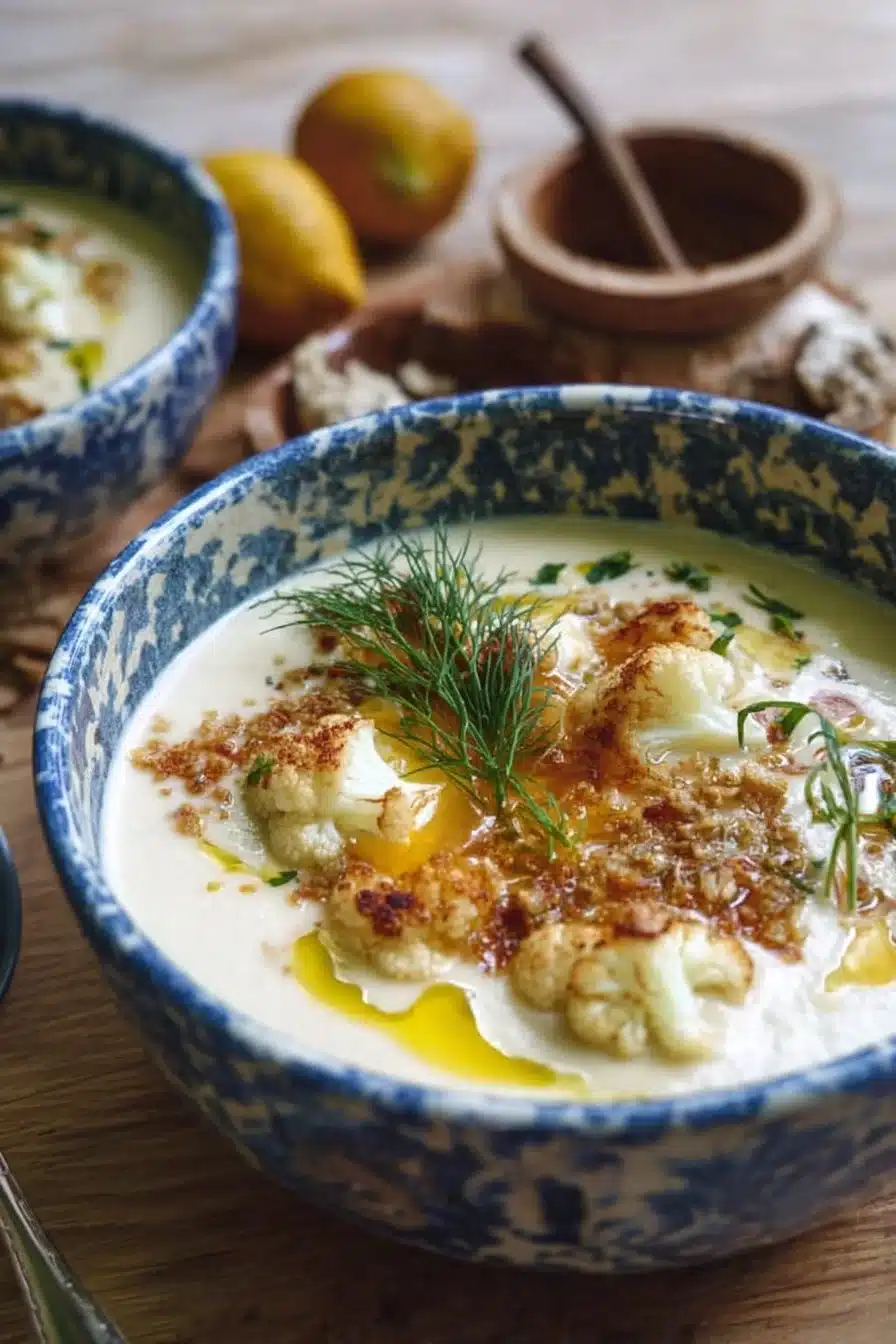 Velouté crémeux de chou-fleur garni d'herbes fraîches