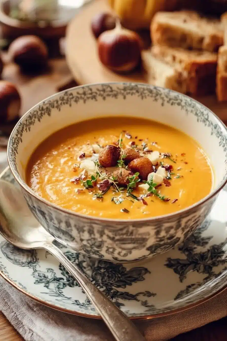 Bol de Velouté de Potimarron à la Châtaigne sur une table en bois.