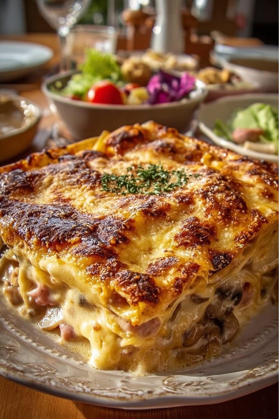 Lasagnes aux champignons, jambon et fromage