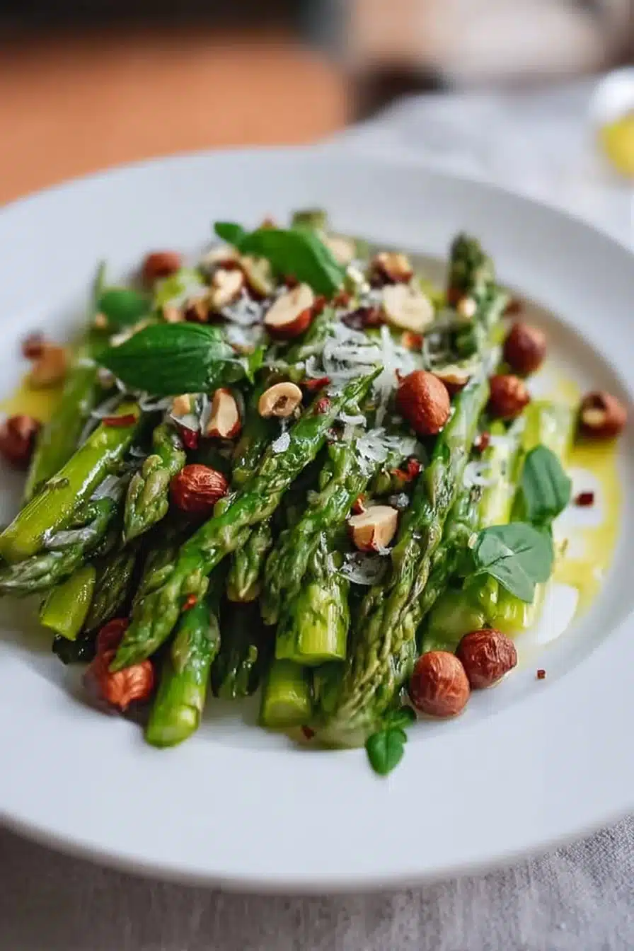 Salade d’asperges vertes, noisettes et basilic