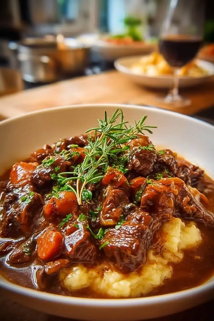 Boeuf Bourguignon - plat de viande mijotée au vin rouge et aux légumes