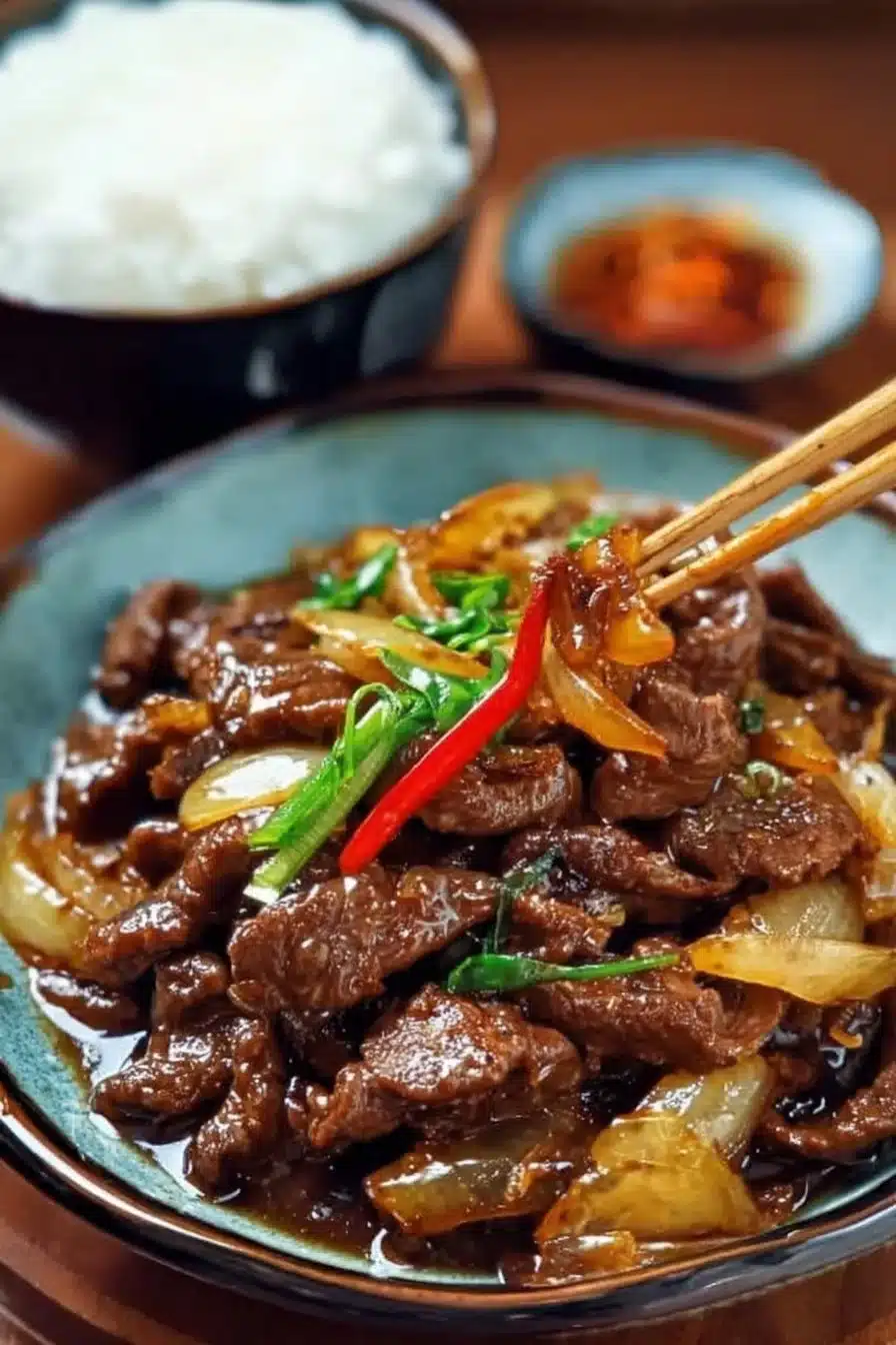 Bœuf sauté aux oignons servi dans une assiette garnie de légumes frais.