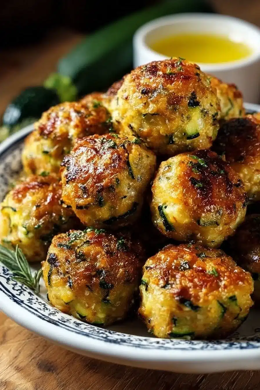 Boulettes de courgettes au four croustillantes et délicieuses sur une assiette.