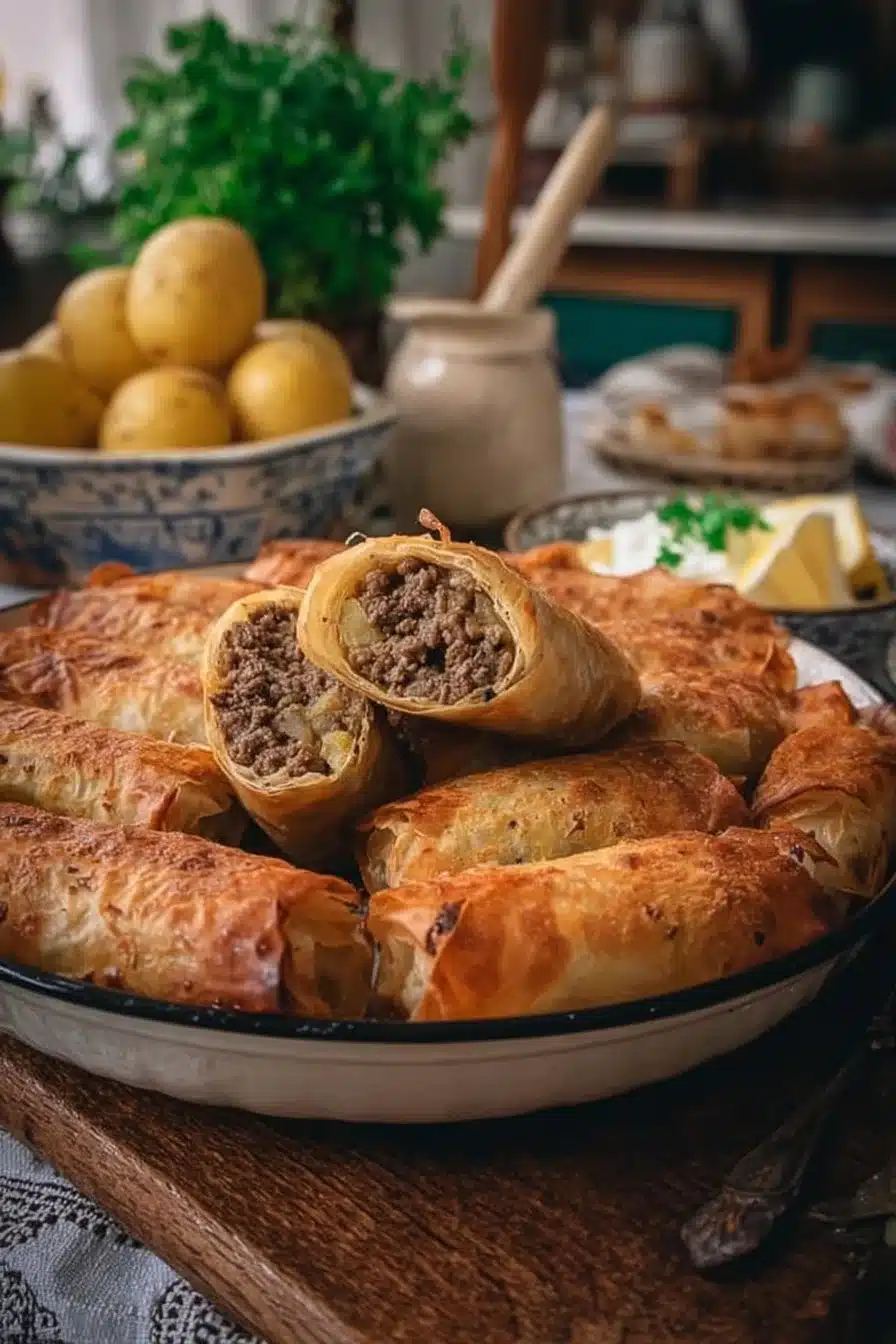 Bourek à la viande hachée et pommes de terre, plat délicieux et savoureux