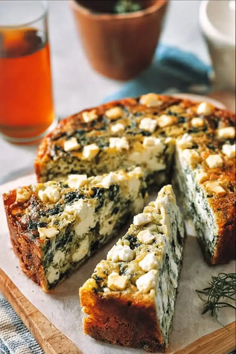 Cake salé à la feta et aux épinards servi dans une assiette
