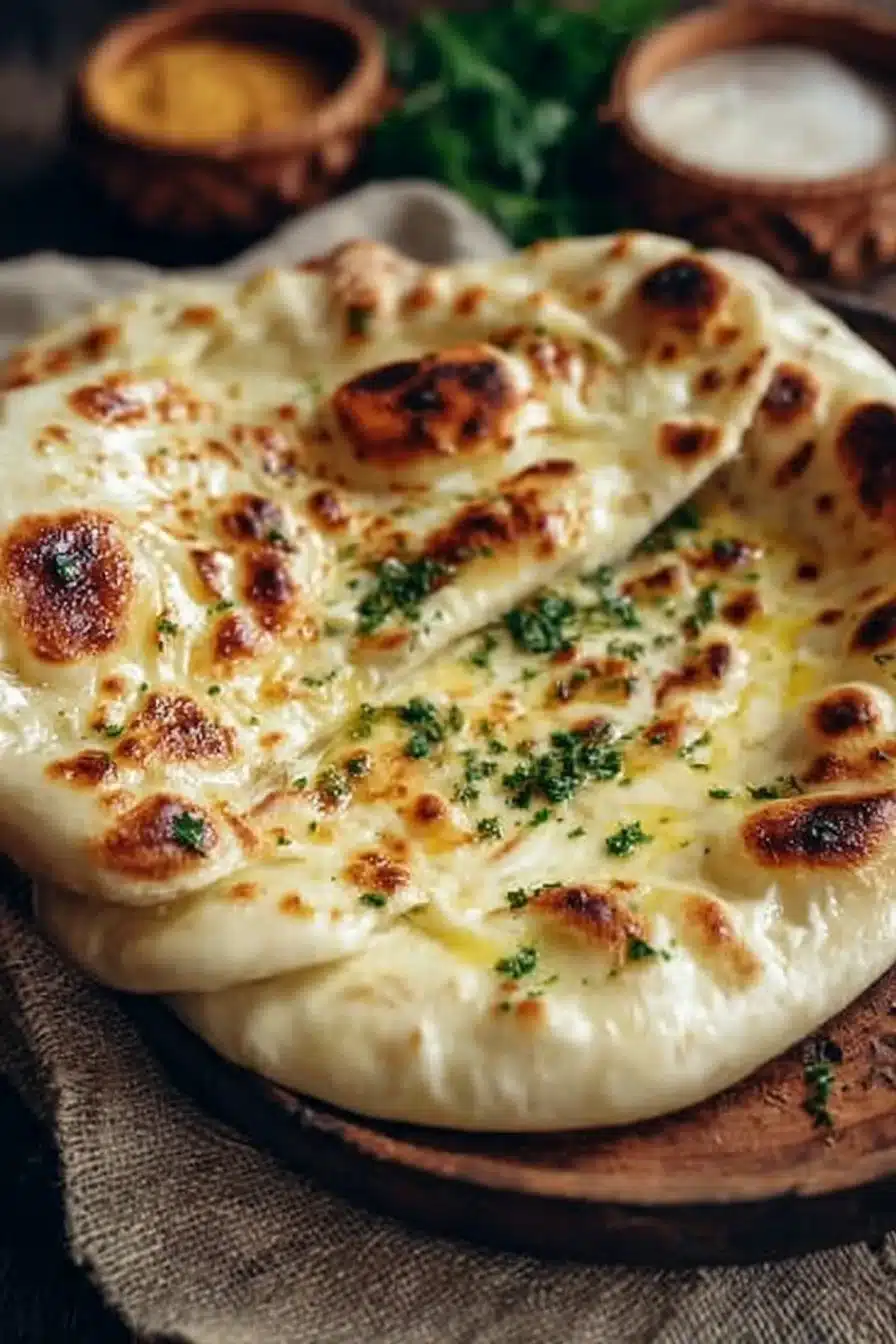 Cheese Naan à la Vache qui Rit servi chaud et moelleux