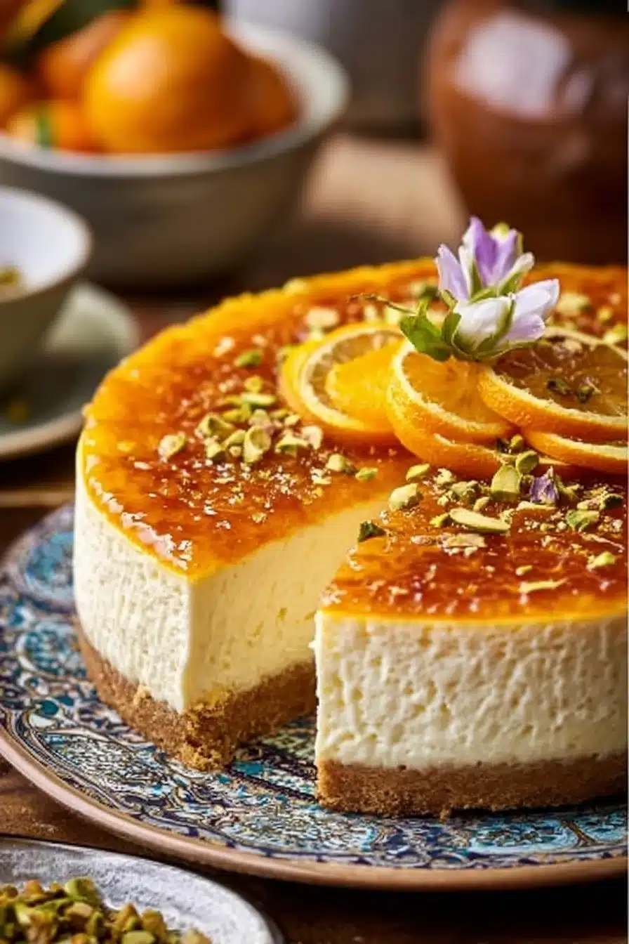 Cheesecake à la fleur d'oranger sur une assiette décorative