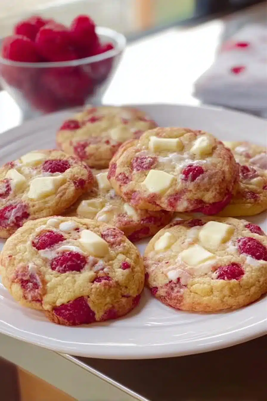 Cookies framboise et chocolat blanc frais et savoureux sur une assiette