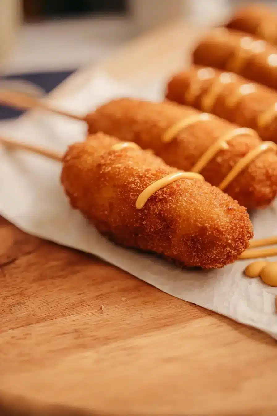 Corn dogs croustillants servis avec une sauce