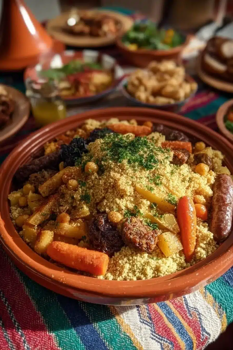 Assiette de Couscous Royal Marocain garnie de légumes et viandes succulentes.
