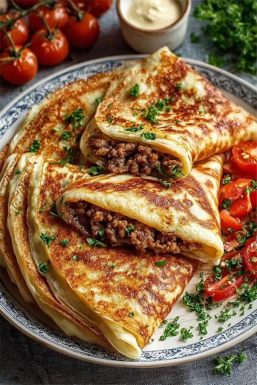 Crêpes salées à la viande hachée garnies de fromage et d'herbes aromatiques