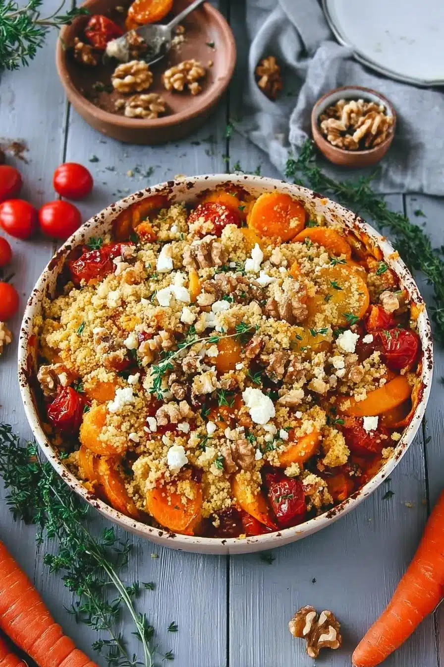 Crumble salé aux légumes d'hiver garni de feta et de noix