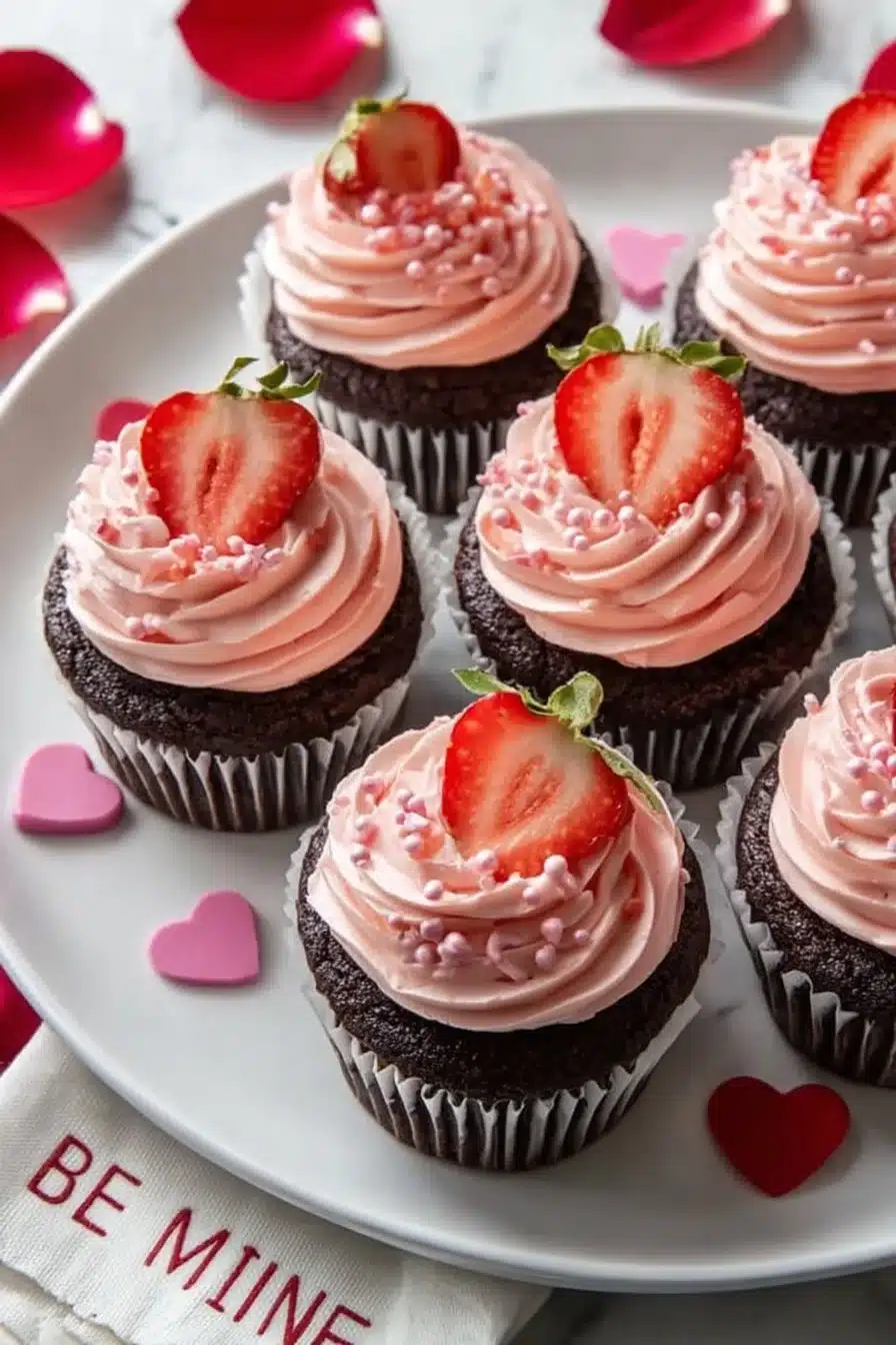Cupcakes chocolat et fraise garnis de crème et décorations colorées