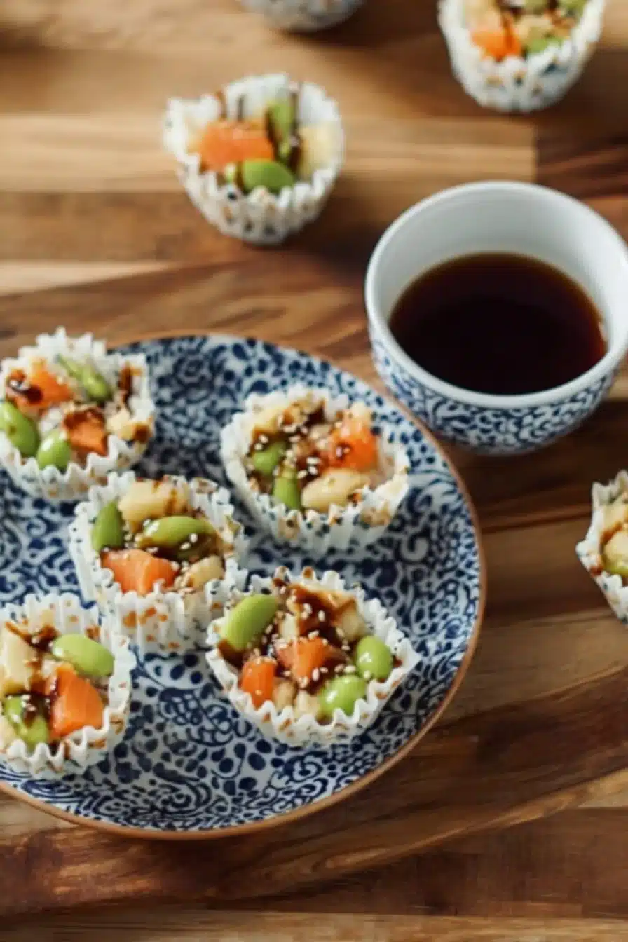 Cups de Sushi avec des garnitures colorées et une présentation soignée