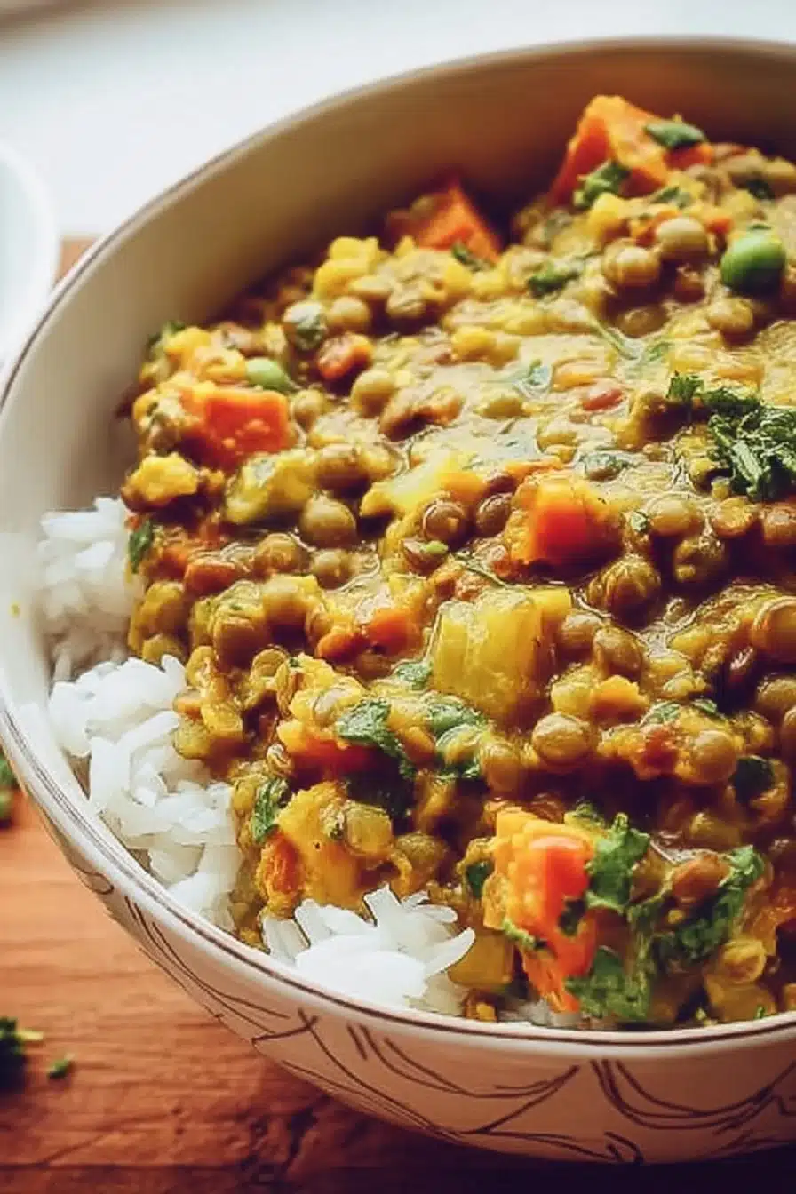 Curry crémeux de lentilles vertes et légumes dans un bol appétissant