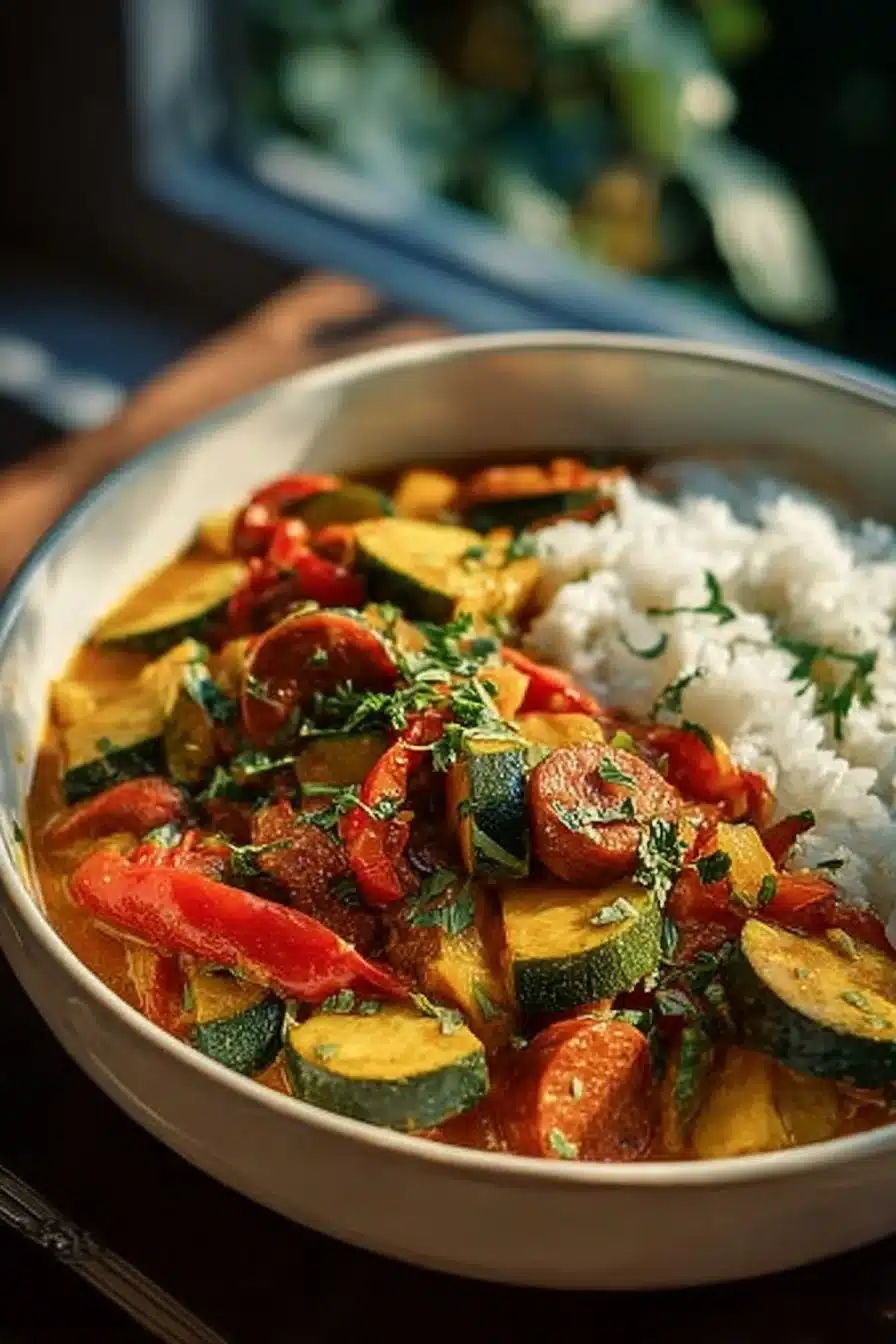 Curry de Chorizo et Courgettes dans un bol avec garniture fraîche