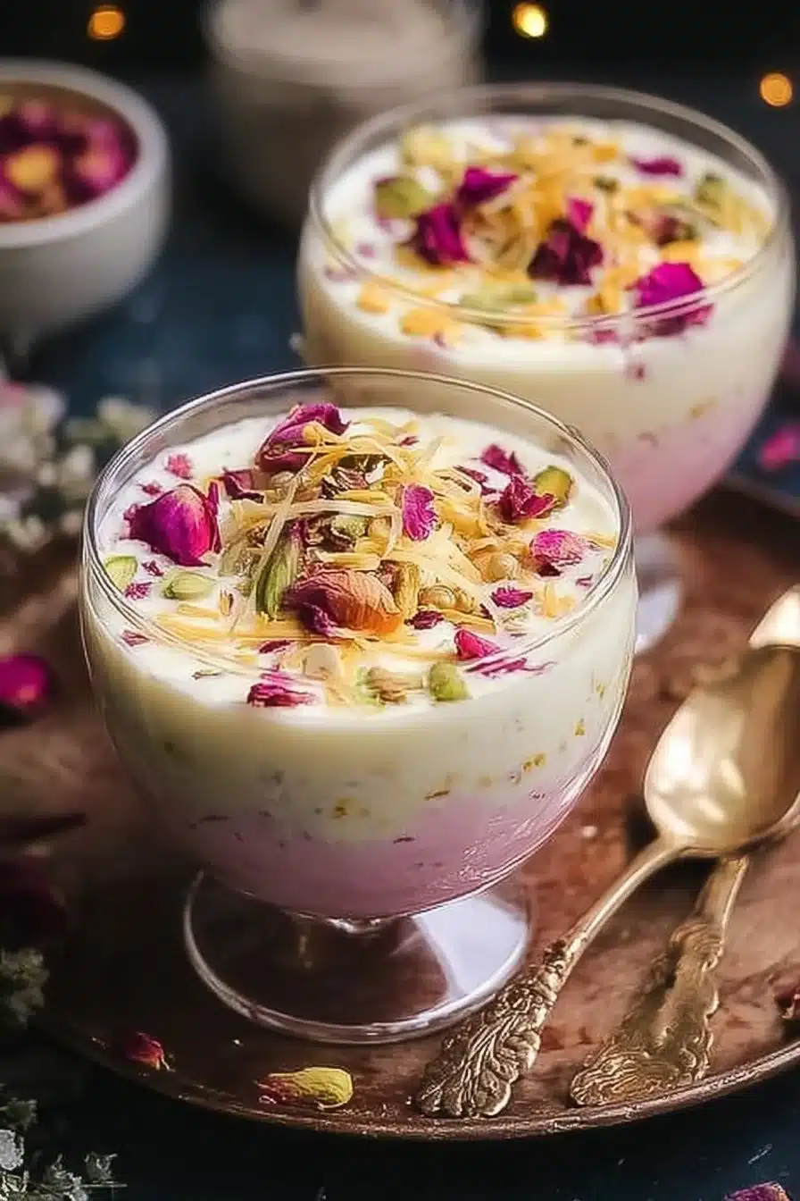Falooda Rasmalai à la Rose, dessert indien traditionnel avec des roses et des saveurs délicates