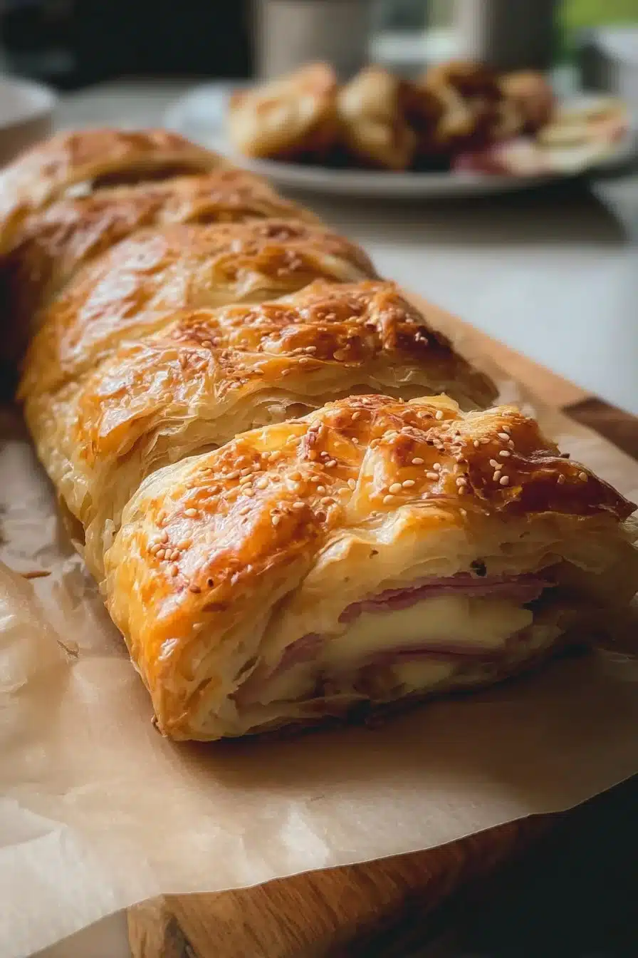 Feuilleté au poulet et fromage doré et croustillant sur une assiette.