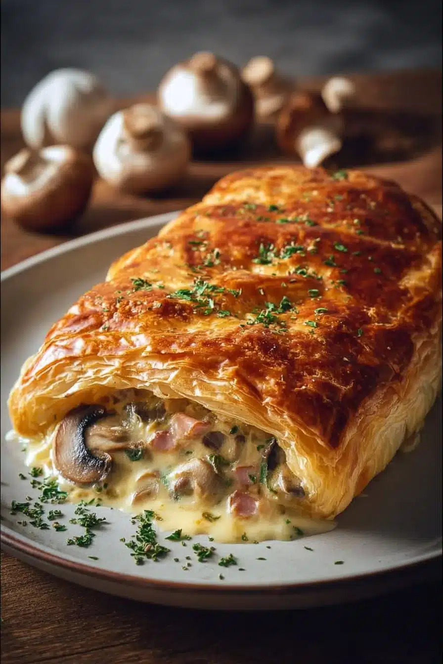 Feuilleté savoureux aux champignons et poulet fumé dans une croûte dorée