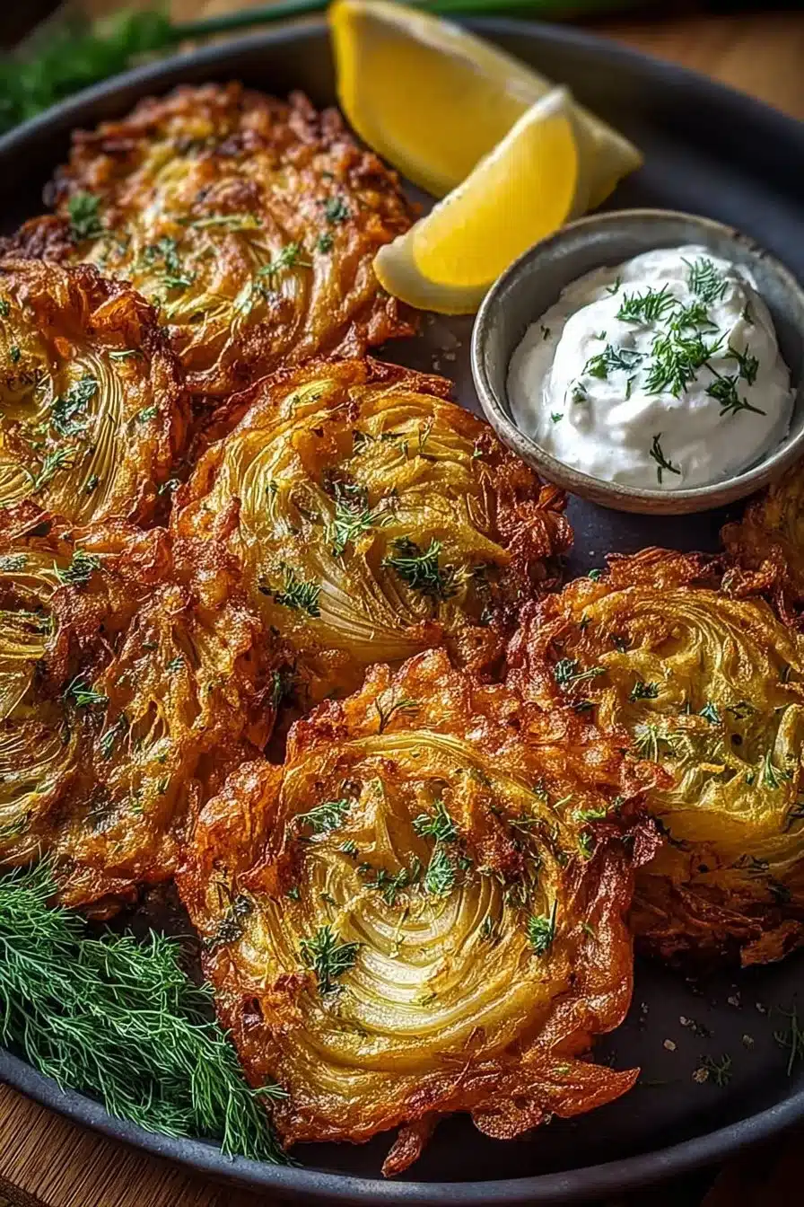 Galettes de fenouil à la grecque servies avec une garniture fraîche.
