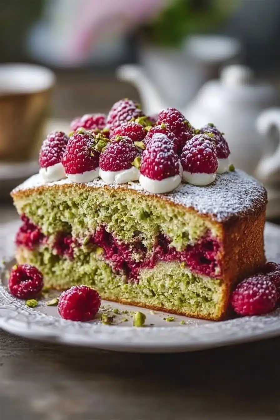 Gâteau à la pistache et framboises