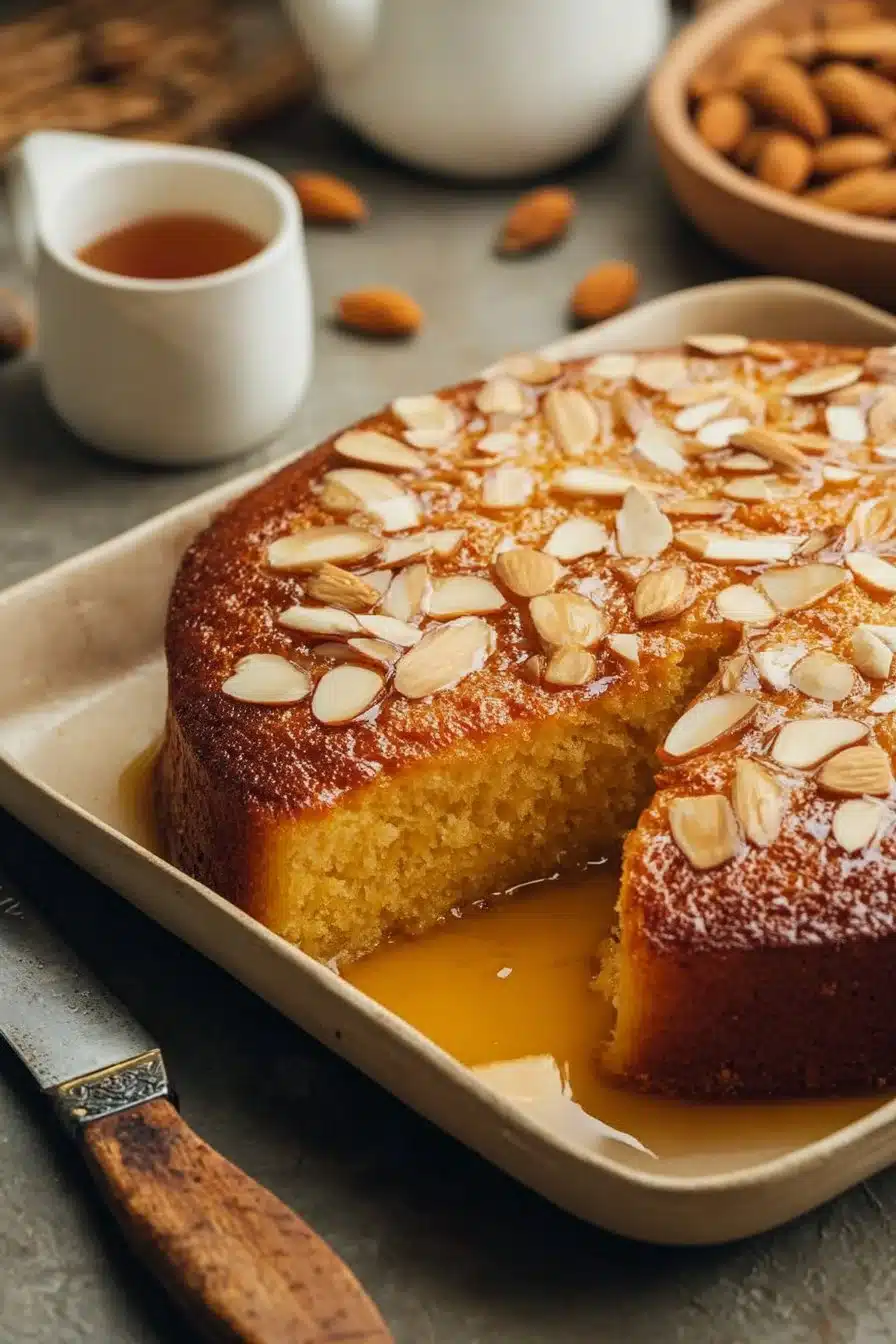 Gâteau au miel et amandes décoré sur une assiette vintage