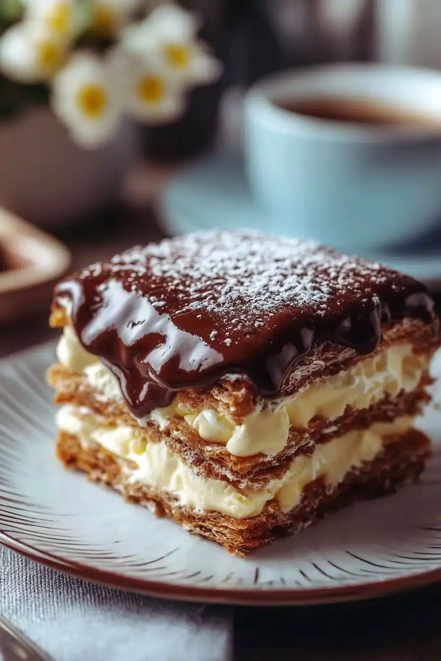 Gâteau Éclair Chocolat Sans Cuisson avec crème au chocolat et éclats de noisettes.