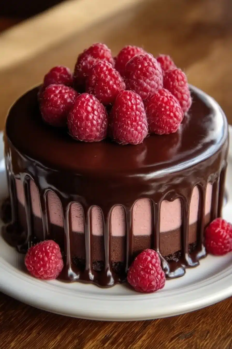 Gâteau Mousse Chocolat Framboise, dessert gourmand au chocolat et framboises.